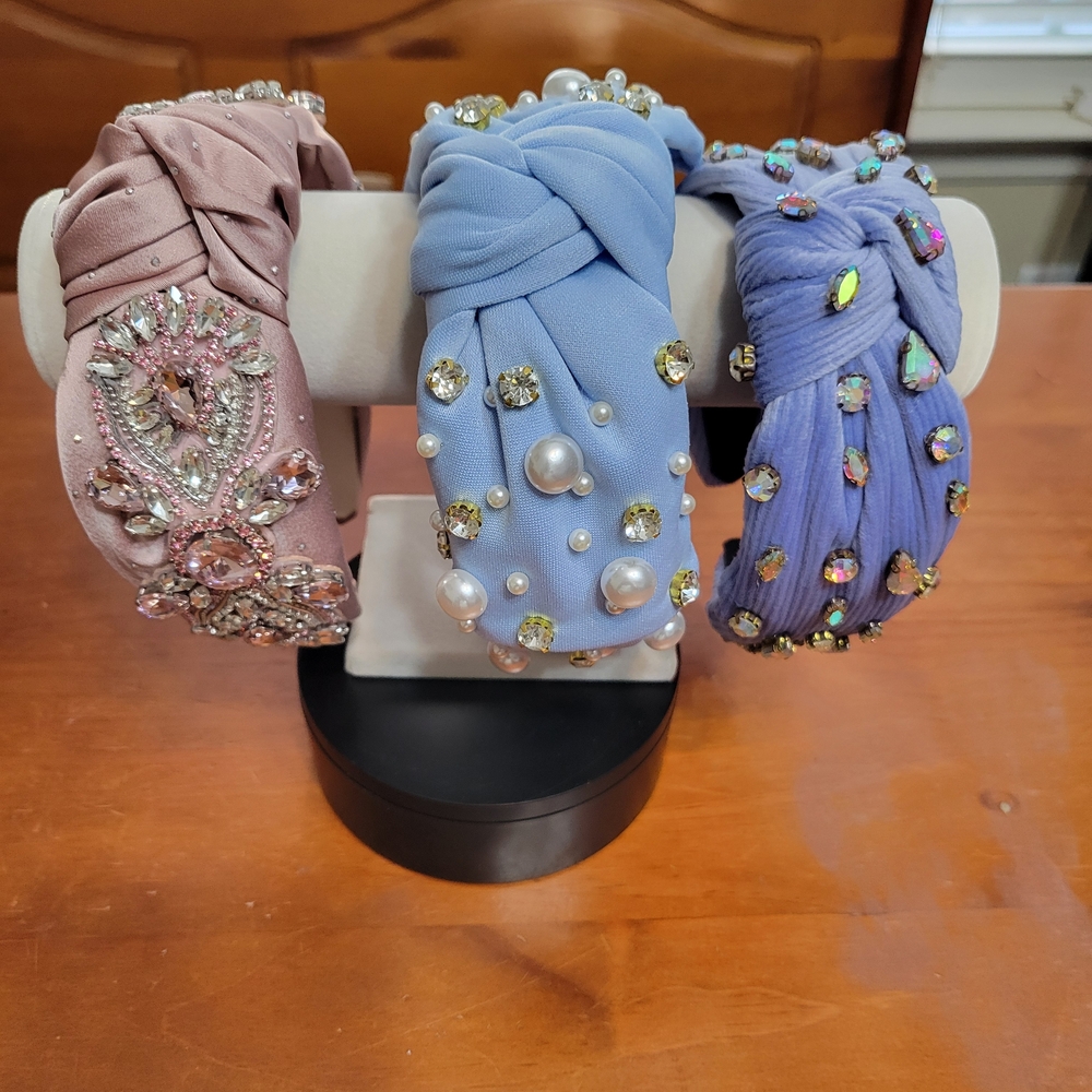 3 Pcs Bejeweled Knotted Fabric Headbands - Pink, Periwinkle, Lavender